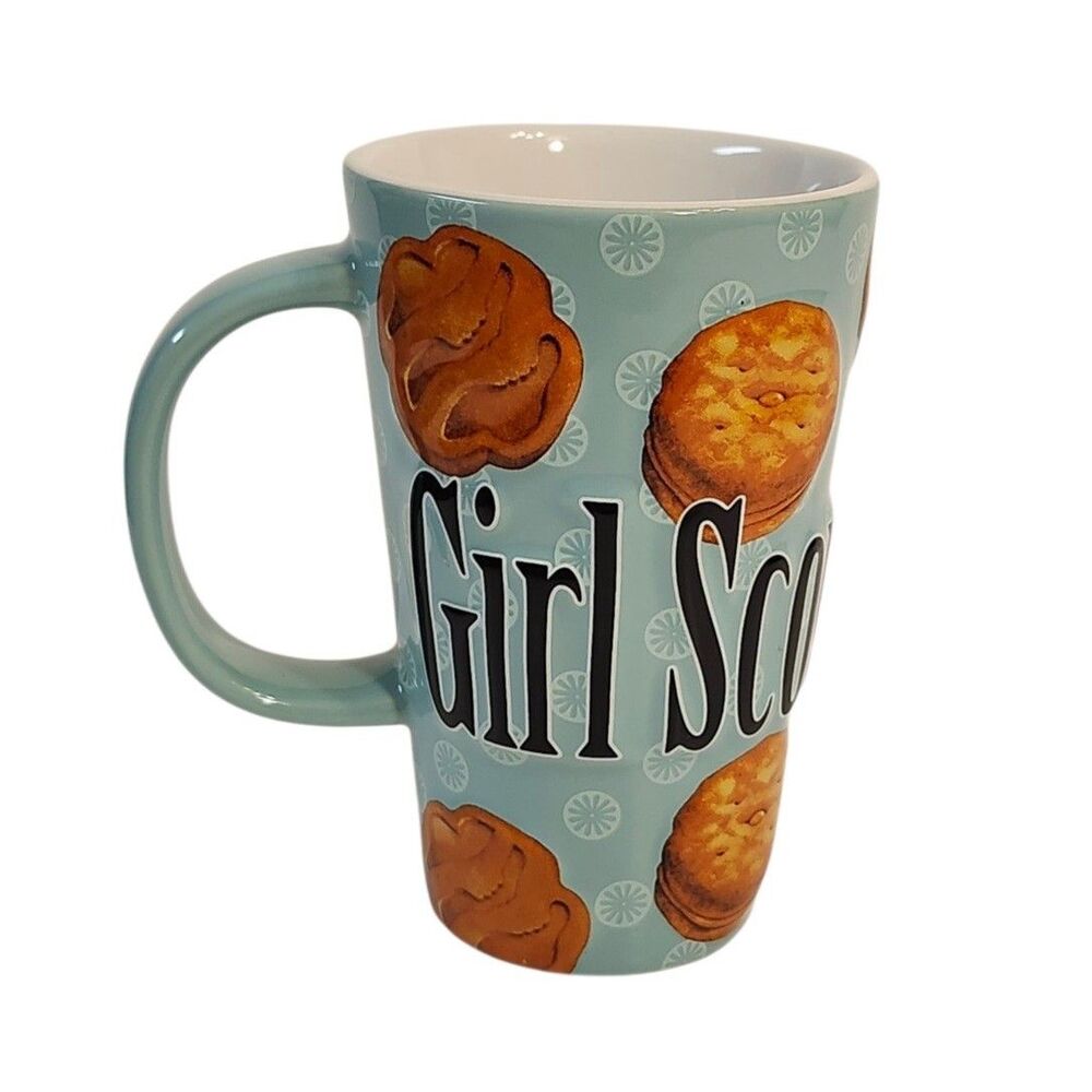 Girl Scout Cookie Mug Embossed Coffee Cup Vintage 2007 Teal Blue LN